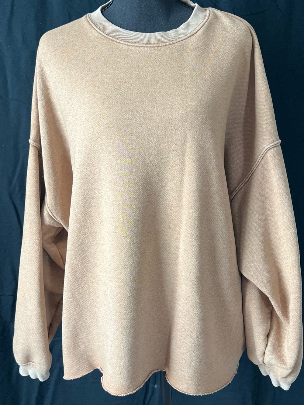 AERIE Medium Oversized Crewneck Sweater Drop Shoulder Raw Hem Tan Beige